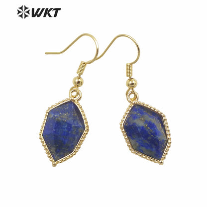 WT-E741 Amazing Colorful Elegant Natural Cat Eye Stone Hexagon Shaped Long Charming in Drop Earrings Women Pendant Earrings