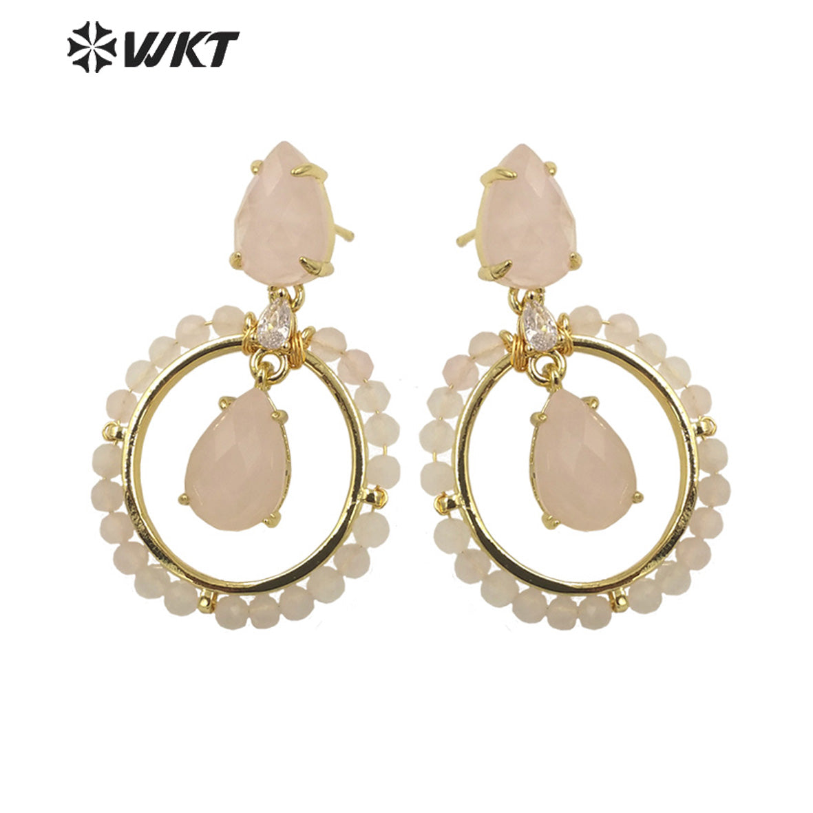 WT-E714 WKT Newest Summer Design Gorgeous Multi Natural Gemstone Big Hoop Earrings Gold Plated Lead Free Amazonite Stone Studs