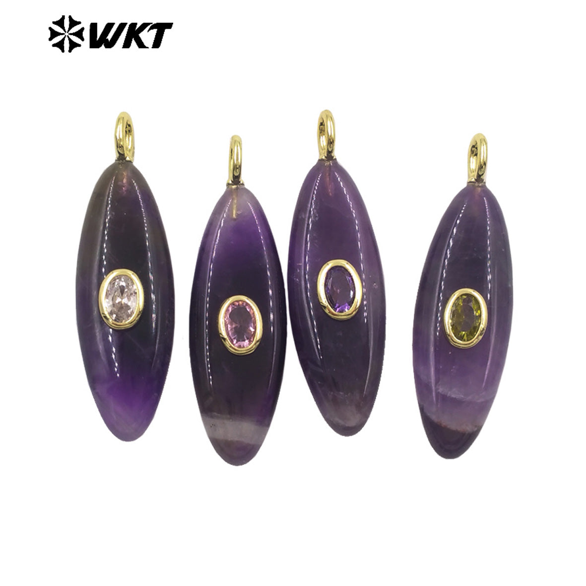 WT-P2053 Popular Style Zircon Gold Plated Natural Gemstones Long Oval Shape Pendants For Women Necklace Making Findings
