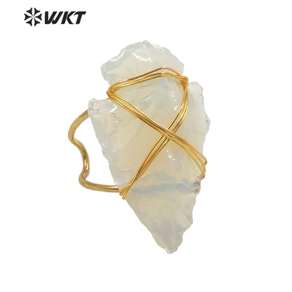 WT-R390 WKT 2022 Boho Style Women Wire Wrapped pink Quartz Arrowhead Ring for Women New Fashion Statement Ring Party