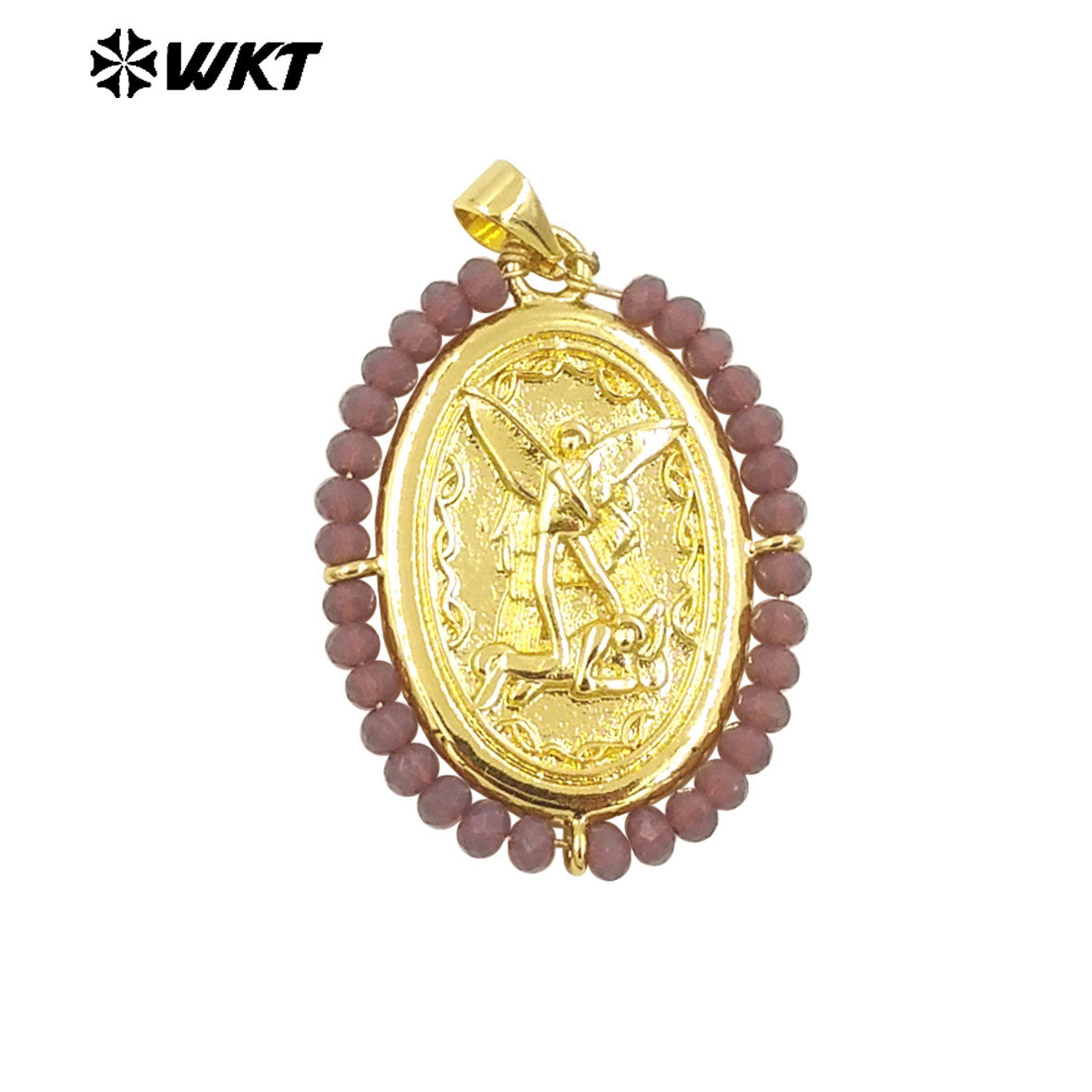 WT-MN990 Fashion Women 18K Real Gold Plated Oval Shape Crystal Wire Wrapped Guardian Angel Necklace for Christian
