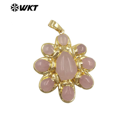 WT-P2085 Exclusive Charms Back Full Gold Plated Various Natural Gemstones Flower Big Pendants For Elegant Necklace Making