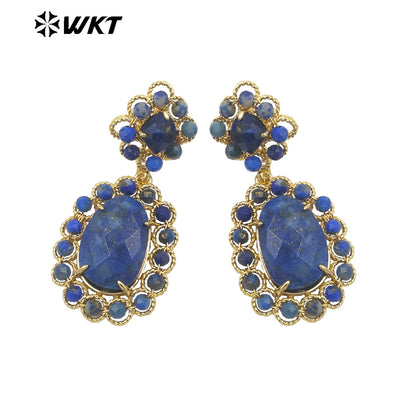 WT-E724 WKT Precious Natural Gemstone Carved with Wire Wrapped Tiny Stone Beads Made Earrings Charming Gorgeous Lapis Earrings