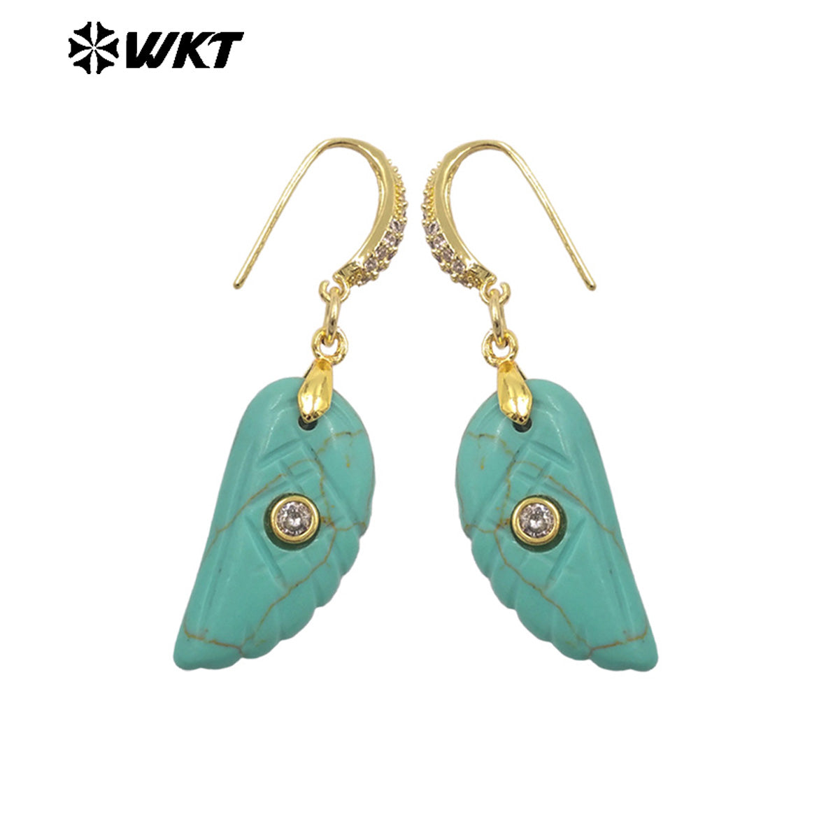 WT-E818 Wholesale Trendy Natural Gemstones Hand Carved Feather Shape Women Gold Earrings For Lady Dance Party Wearing Accessory