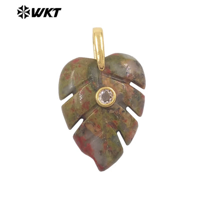WT-P2141 Wonderful Zircon And Multi Colors Natural Gemstones Hand Carved Leaf Shape Gold Pendants For Lady Earrings DIY
