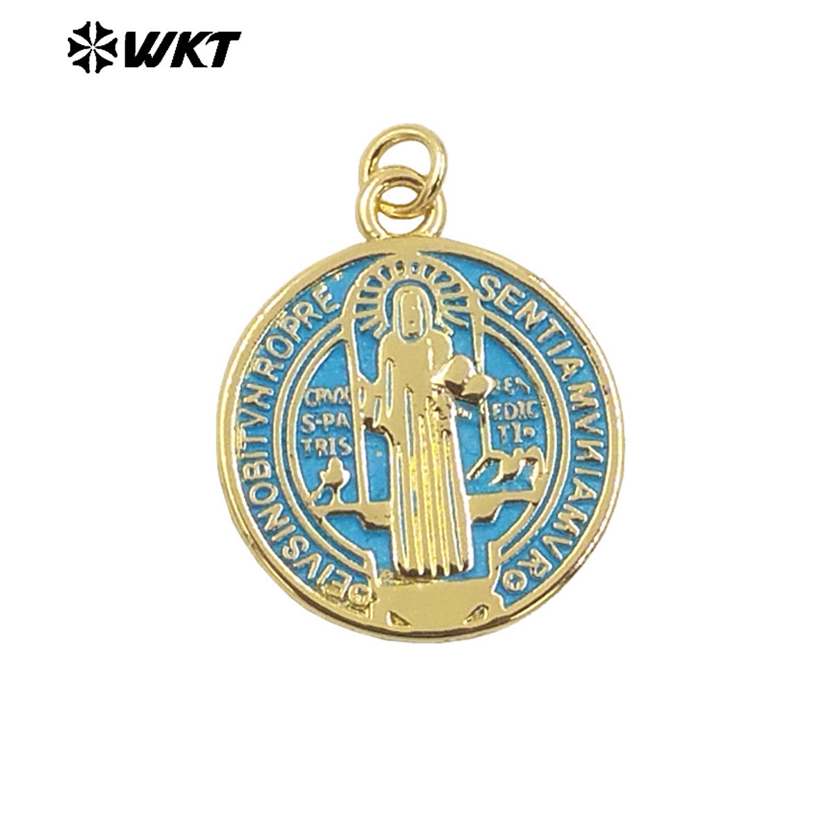 WT-MP294 Unique Spring Design Round 18K Real Gold Plated Brass Medal Christian Religious St Benedict Pendants