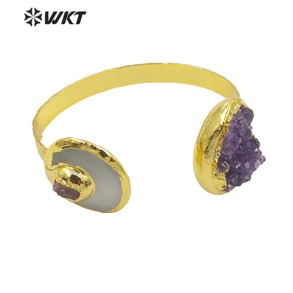 WKT-B584 Classic Luxury 18k Real Gold Electroplated Handmade Bracelet Irregular Amethyst Bangle and Very Nice Stone Jewelry