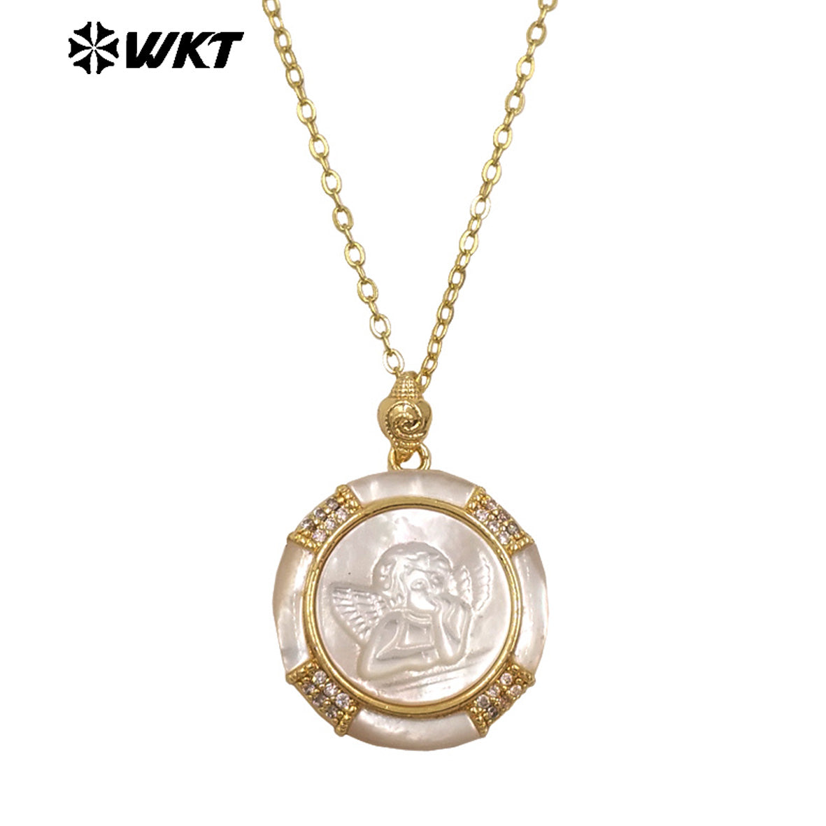 WT-JN357 Newest Gold Plated MOP Shell Hand Carved Religious Style Pattern Round Pendant Necklace For Girls Causal Matching
