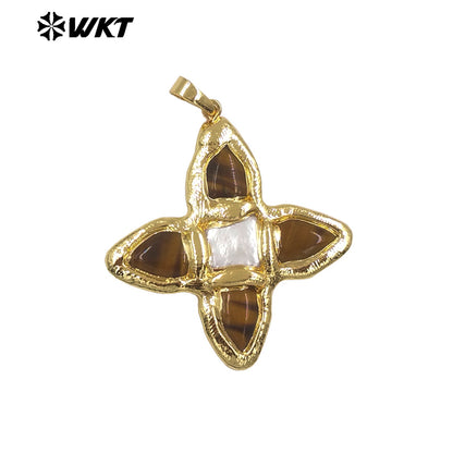 WT-JP216 WKT Jewelry Exclusive Unique Design Green Turquoise Stone Pendant Single Gold Plated Pearl Cross Pendant for Lady