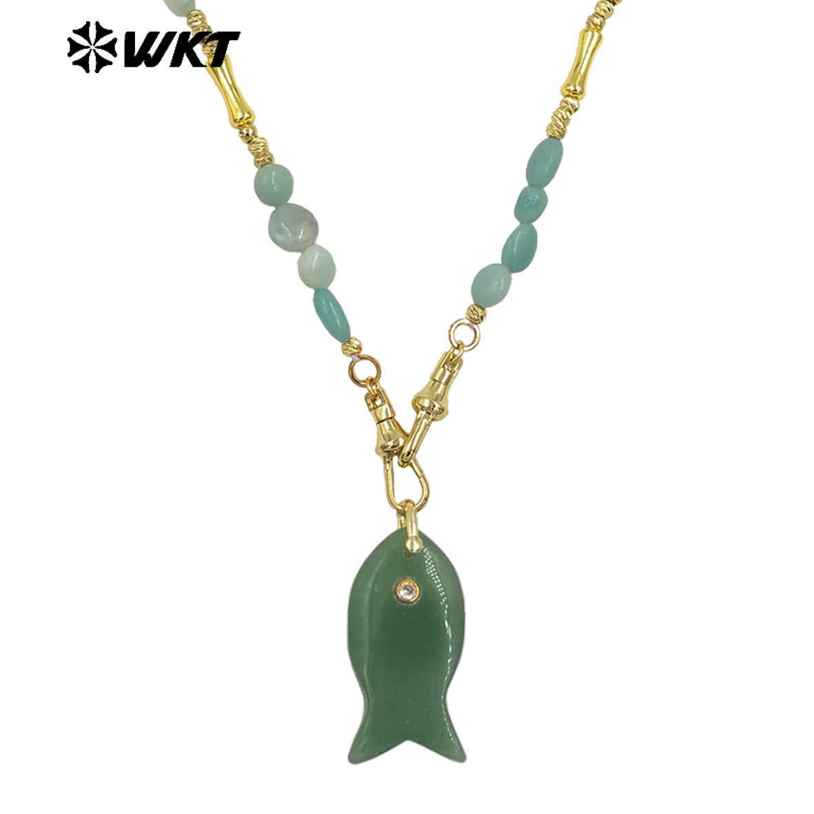 WT-N1522 Wonderful Stone Beads Splicing Metal Gold Chain With Natural Gemstones Fish Shape Pendant Necklaces For Women Gift