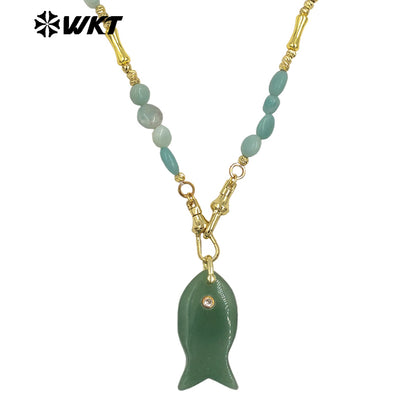 WT-N1522 Wonderful Stone Beads Splicing Metal Gold Chain With Natural Gemstones Fish Shape Pendant Necklaces For Women Gift