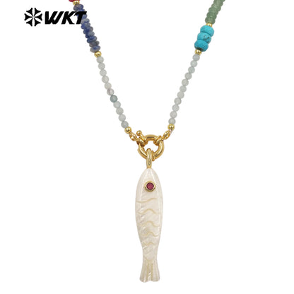 WT-JN405 Wonderful Natural Gemstone Beads Chain With White Shell Fish Charms Gold Necklaces For Women Party Trendy Matching