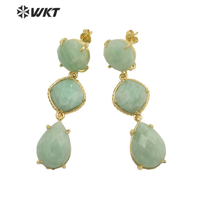 WT-E689 Wholesale Fashion Triple Stone Long Dangle Earrings Gorgeous Lady Prong Setting Natural Gemstone Birthday Stone Earrings