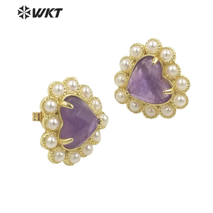 WT-MPE122 Amazing Fashion Gold Plated Natural Gemstone Heart Studs 18k Gold Plated Amethyst Gorgeous Studs
