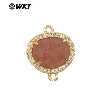WT-C335 High Quality Wholesale Small Zircon Round MultiVariety Natural Gemstone Necklace Pendant Connector Double Hoop for Women