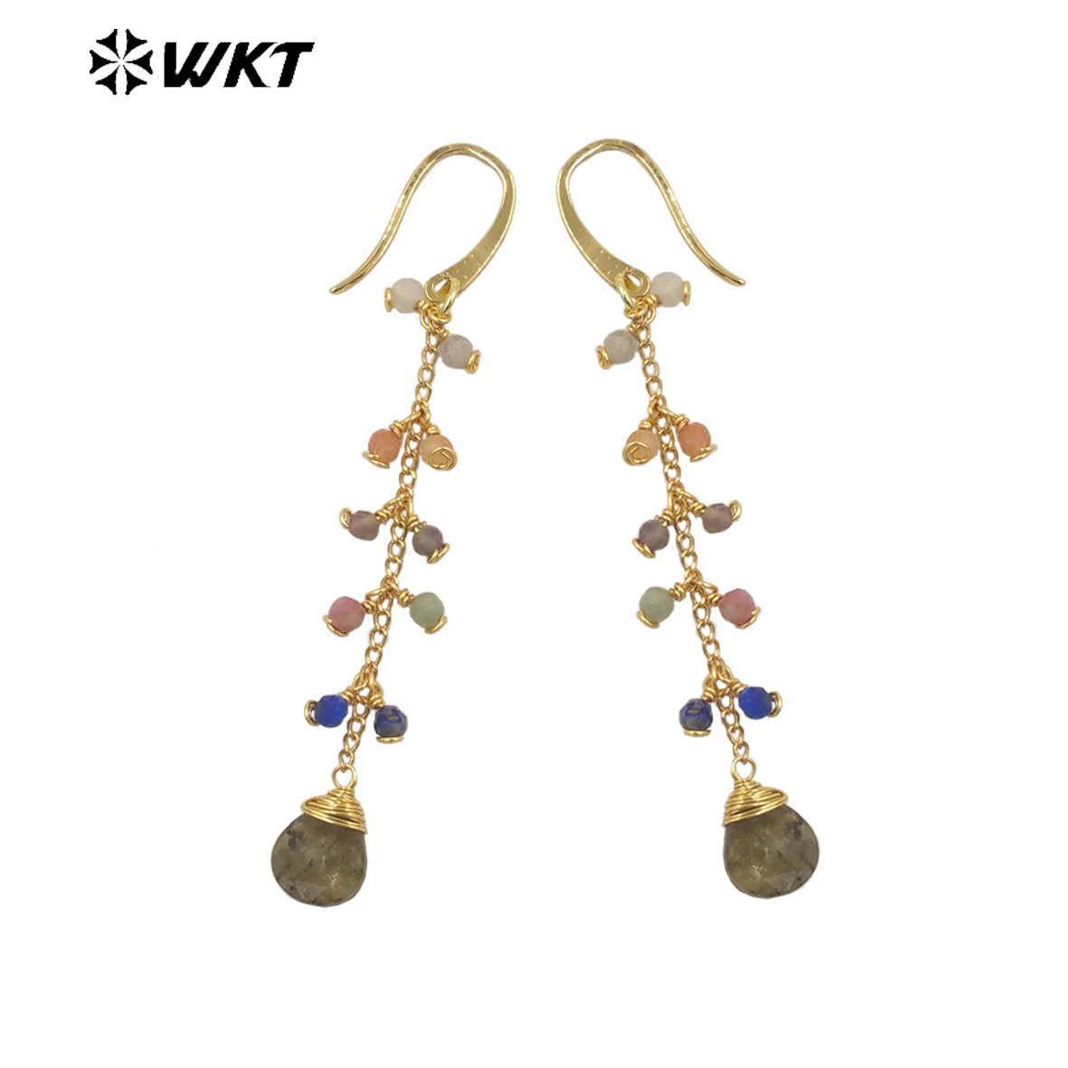 WT-E725 Amazing Colorful Gemstone Wire Wrapped Long Charming Earrings Women Dangle Gold Birthday Stone Earrings in Drop
