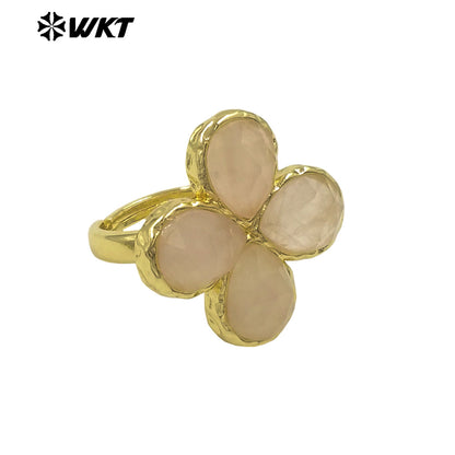 WT-R601 Beautiful 18K Gold Electroplated Natural Gemstones Flower Shape Rings Adjustable For Women Fashion Style Jewelry