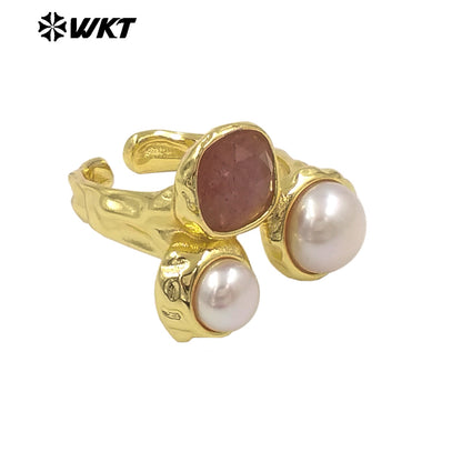 WT-MPR160 Wholesale Gold Electroplated Double Natural Freshwater Pearls And Stone Rings For Female Daily Decoration Jewelry