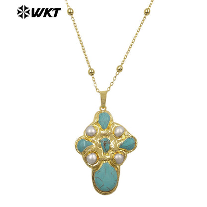 WT-JN297 Brand New Product Elegant 18K Gold Plated Pearl Turquoise Cross Unisex Pendant Necklace Fashion Jewelry Accessories