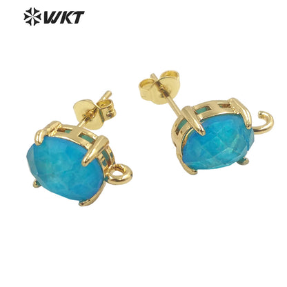 WT-E678 Women New Fashion Jewelry Findings Earrings Studs 18k Real Gold Plated Claw Setting Gemstone Studs with Hoop