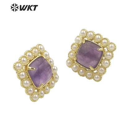 WT-MPE120 Amazing Elegant Square Artificial Pearl With Natural Stone Claw Setting Women Bohemian Studs