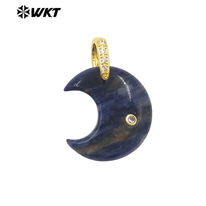 WT-P2112 Factory Wholesale Various Natural Gemstones And Zircon Moon Shape Gold Pendants As Lady Sweet Earrings Findings