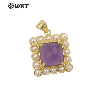 WT-JP357 Wholesale New Design Small Square Gemstone Carved Green Aventurine Claw Setting Women Necklace Stone Pendants
