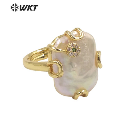 WT-MPR070 Gorgeous Trendy Fashion Natural Freshwater Pearl and Zircon Ring18k Gold Plating for Women Lucky Unique Design Ring