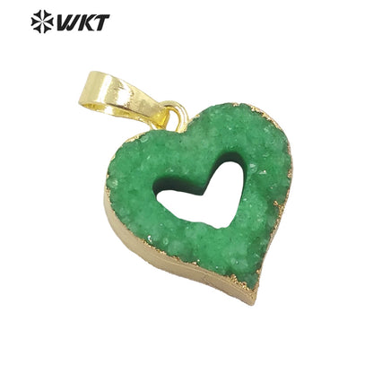 WT-P1668 Wholesale Fashion Small Hollow Heart Druzy Quartz Pendant Resist Tarnishable Gold Trim Druzy Heart Pendant