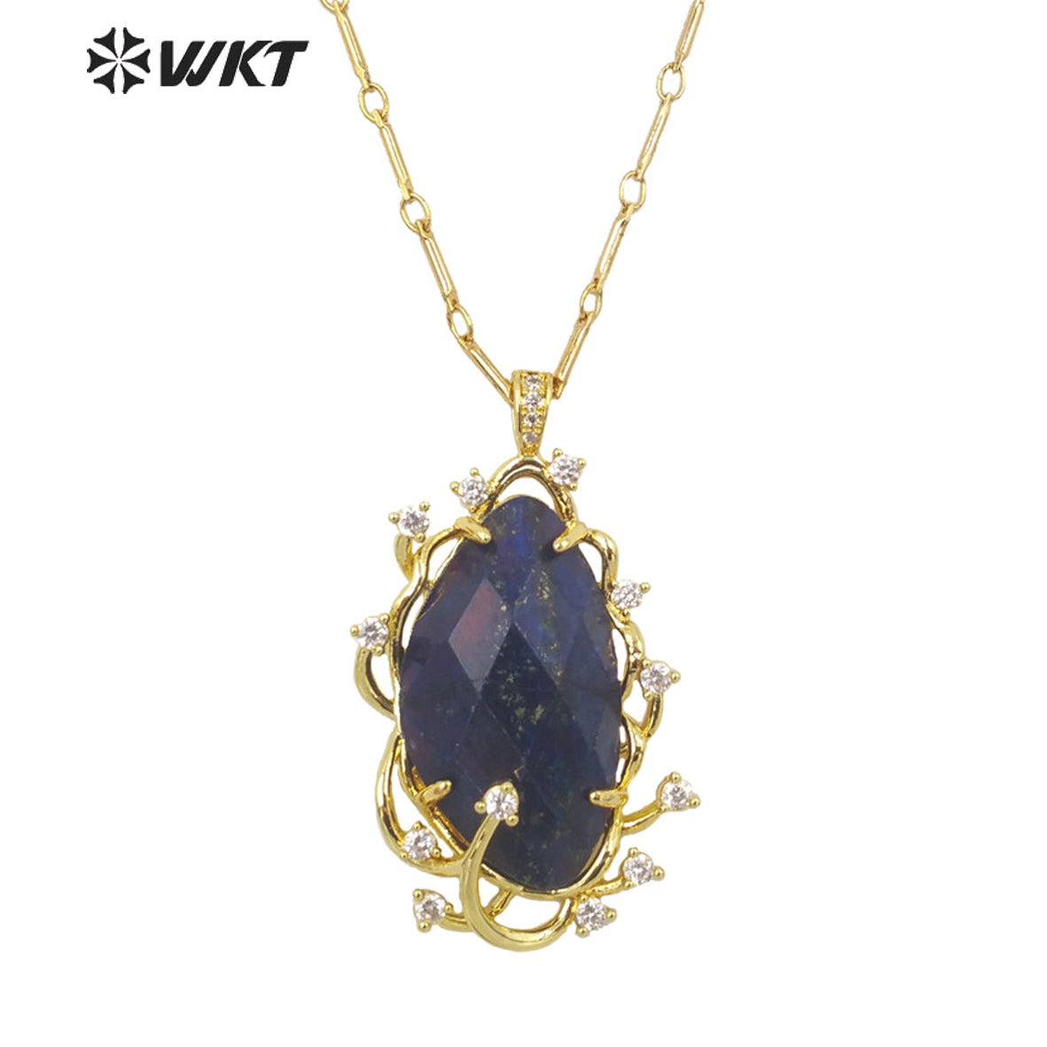 WT-N1351 Wholesale Fashion Gold Plated Natural Gemstone Bezel Setting Pendant Necklace Women Gorgeous Micro Pave Stone Necklace