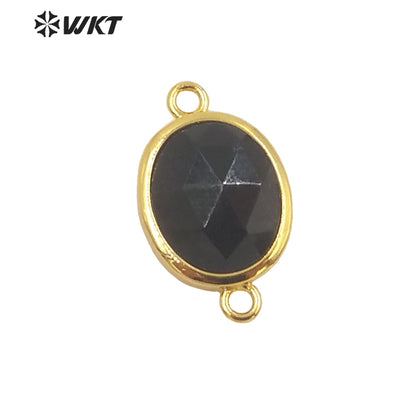 WT-C306 Wholesale Delicate Double Loops Stone Connector Jewelry Findings Chain Faceted Oval Shape Gemstone Charm Pendant