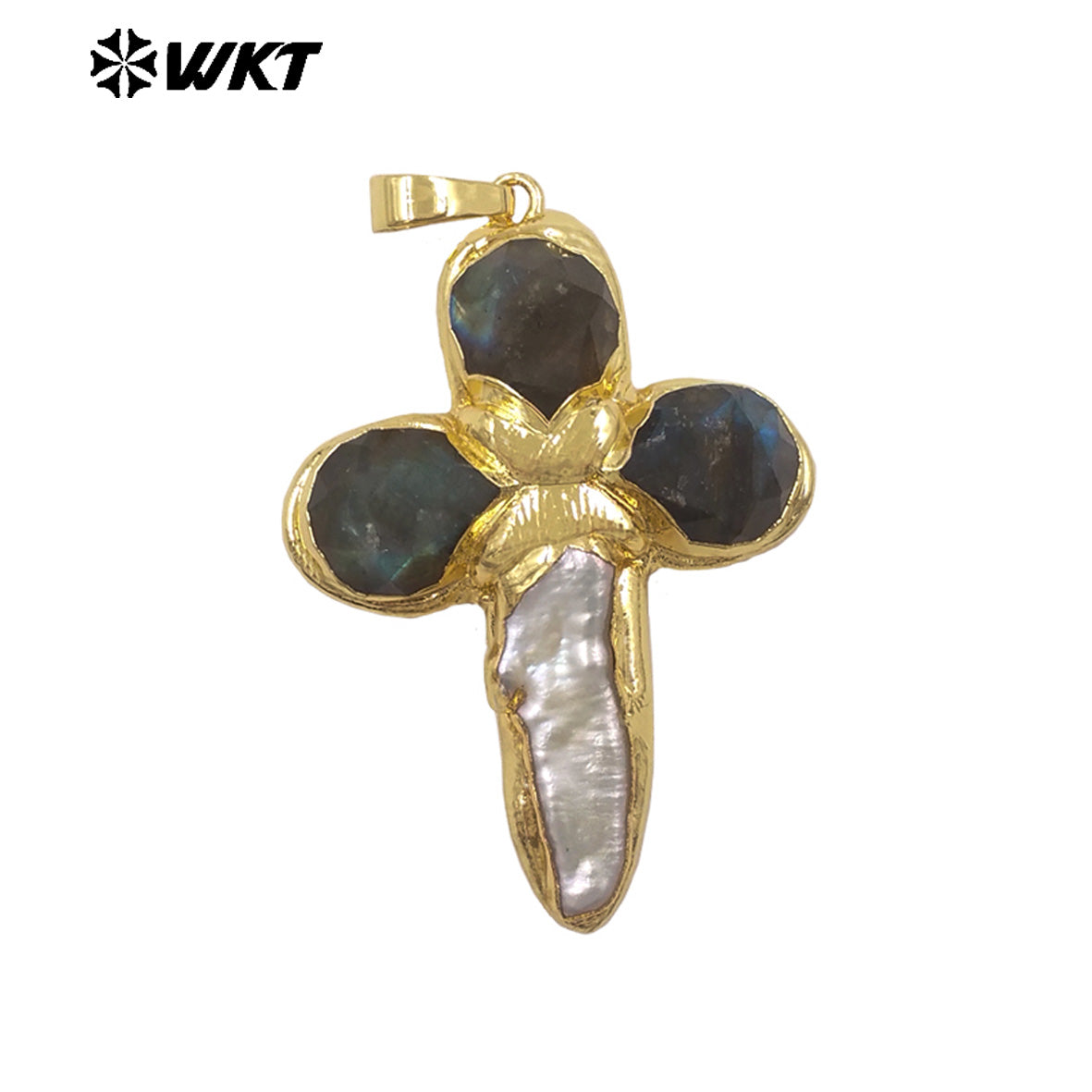 WT-JP382 Classic Cross Shape With Colored Natural Stone Pearl and 18k Gold Plated Pendant for Necklace Accessory