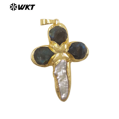 WT-JP382 Classic Cross Shape With Colored Natural Stone Pearl and 18k Gold Plated Pendant for Necklace Accessory