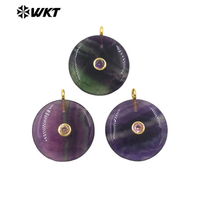 WT-P2086 Good Quality Amethyst Various Natural Gemstone And Zircon Round Gold Pendant For Simple Style Necklace Earring Making