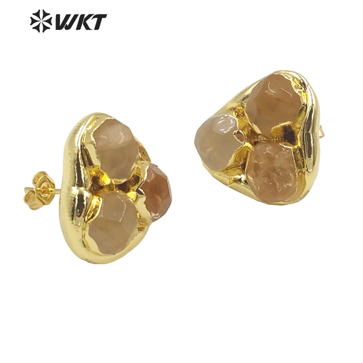 WT-E748 Newest WKT Exclusive Design Natural Triple Assemble Blue Agate Flower Shape Stone Studs America Hot Earrings