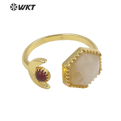 WT-R426 Delicate Fashion Gold Open Size Double Stone Ring Natural Gemstone Hexagon Double Stone Gold Bezel Ring for Girls