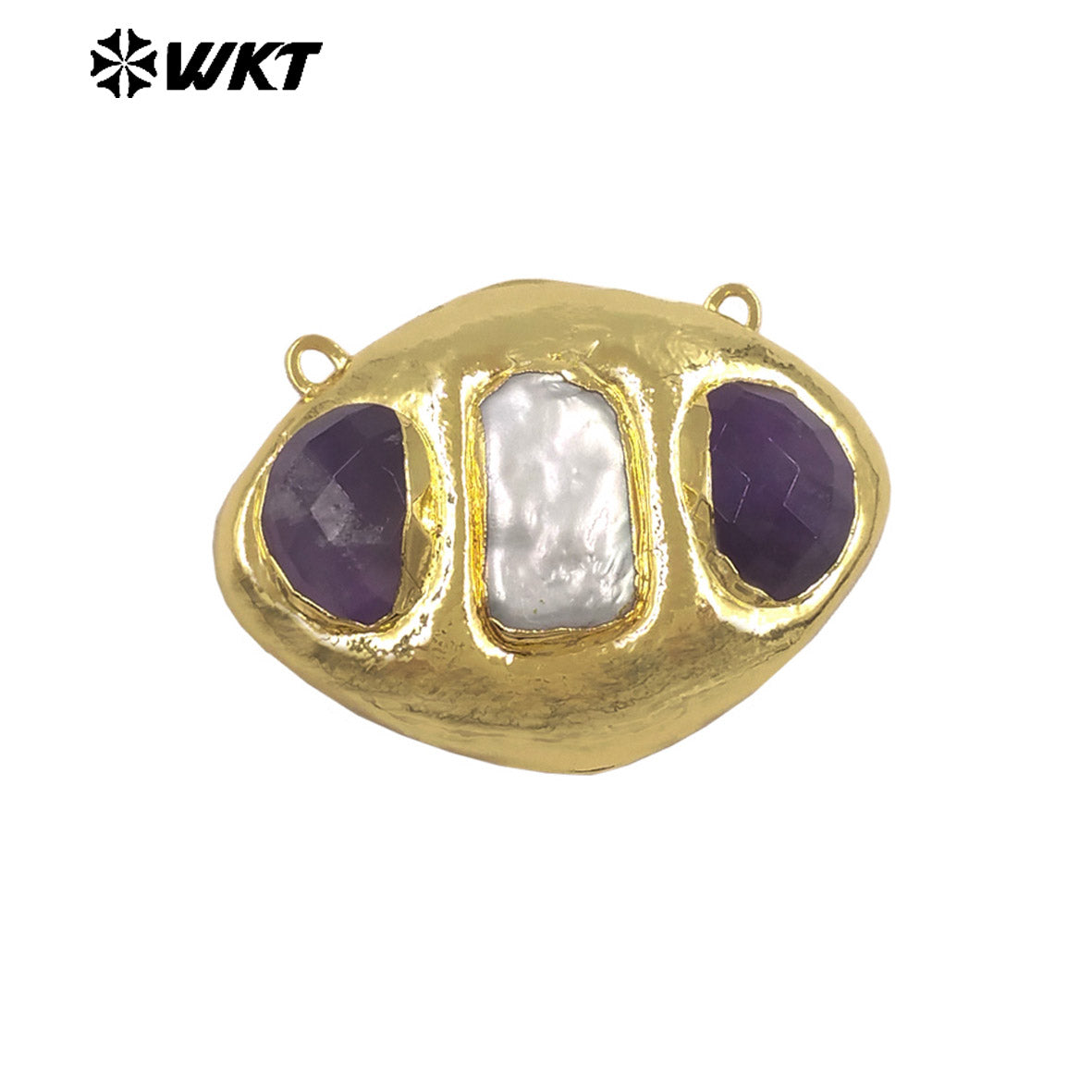 WT-PC021 Delicate 18K Gold Plated Two Natural Stones And Pearl Connectors With Double Hoops For Women Unique Necklace Design