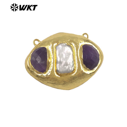 WT-PC021 Delicate 18K Gold Plated Two Natural Stones And Pearl Connectors With Double Hoops For Women Unique Necklace Design