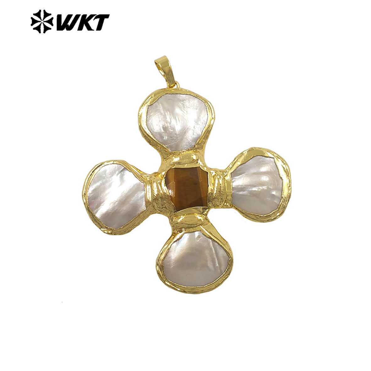 WT-JP425 Fashion Attractive Gold Plated Shell Middle With Natural Gemstones Flowers Shape Pendant For Jewelry Diy Making