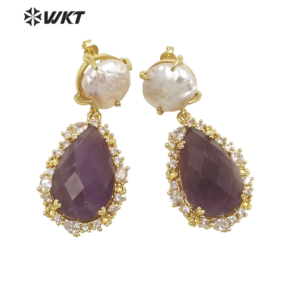 WT-E698 Unique Micropaved Gold Bezel Cubic Zircon Natural Teardrop Stone Pearl Earrings Gorgeous Drop Turquoise Stud Earrings