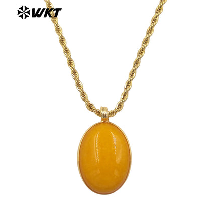 WT-N1539 Good Quality Yellow Brass Gold Plated Chain With Natural Gemstones Round Pendant Necklaces For Simple Style Jewelry