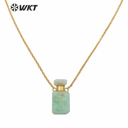 WT-N1239 Amazing Gold Electroplated Mini Cabochon Faceted Natural Stone Perfume Bottle Necklace Women Hot Essential Oil Necklace