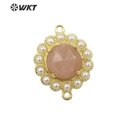 WT-PC005 Wholesale Fashion Gold Plated Double Loops Round Stone With Shell Pearl Around With Claw Setting Connector Findings