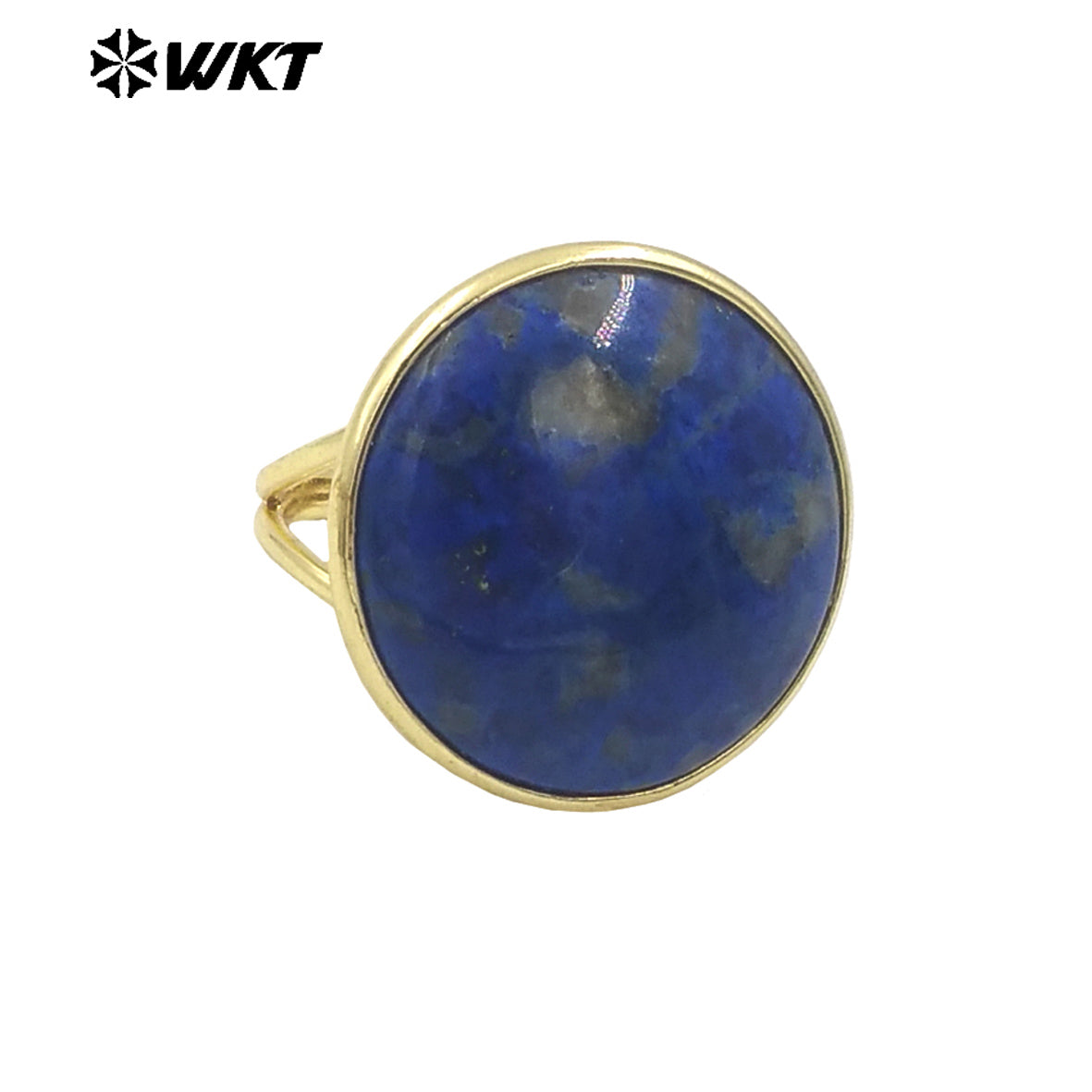 WT-R513 Wholesale New 18k Gold Plated Bezel Setting Natural Big Round Gemstone Lapis Birthday Stone Ring