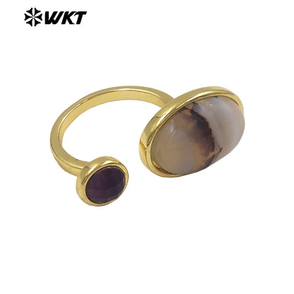 WT-R588 Wholesale Trendy Gold Electroplated Double Natural Gemstones Adjustable Rings As Lady Daily Decoration Jewelry