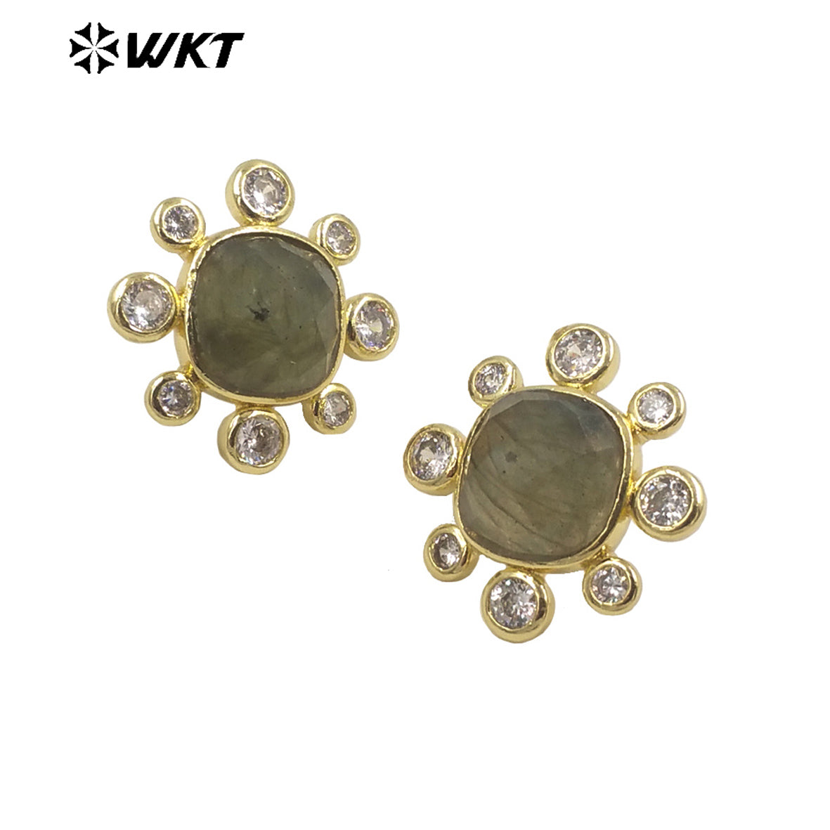 WT-ME091 Wholesale Newest Fashion square Gemstone with clear Cubic Zircon Around Setting Earrings Studs Gold Birthday Earring