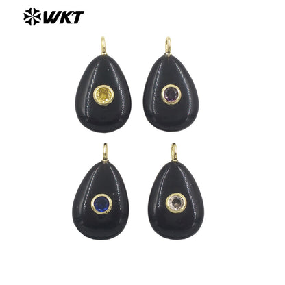 WT-P2022 Simple Design Waterdrop Shape Smooth Natural Gemstones Set In Zircon Small Pendant For Women Earrings DIY Accessory