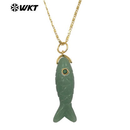 WT-N1512 Delicate Metal Thin Chain And Natural Gemstones Little Fish Shape Pendant Necklaces As Girls Elegant Accessories
