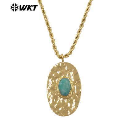 WT-N1538 Elegant Style Brass Chain With Gold Plated Natural Gemstone Oval Pendant Necklace For Lady Friend Birthday Gift