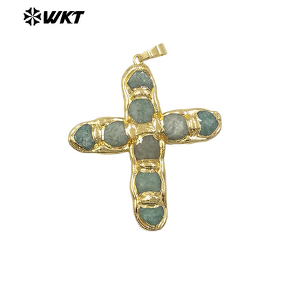 WT-P2005 Wholesale Beautiful Gemstone Religious Pendant Natural Rose Quartz With 18K Gold Plated Cross Shape for Necklace Making